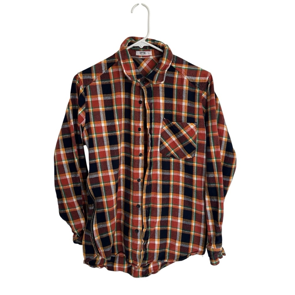 EPTM‎ Casual Button Down Shirt in plaid orange and green zipper sides